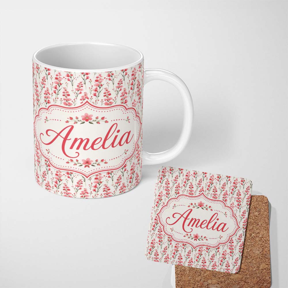 Personalized Custom Name Delicate Pink Wildflower Botanical Seamless Pattern Elegant Floral 11oz Ceramic Coffee Tea Mug White Large Handle