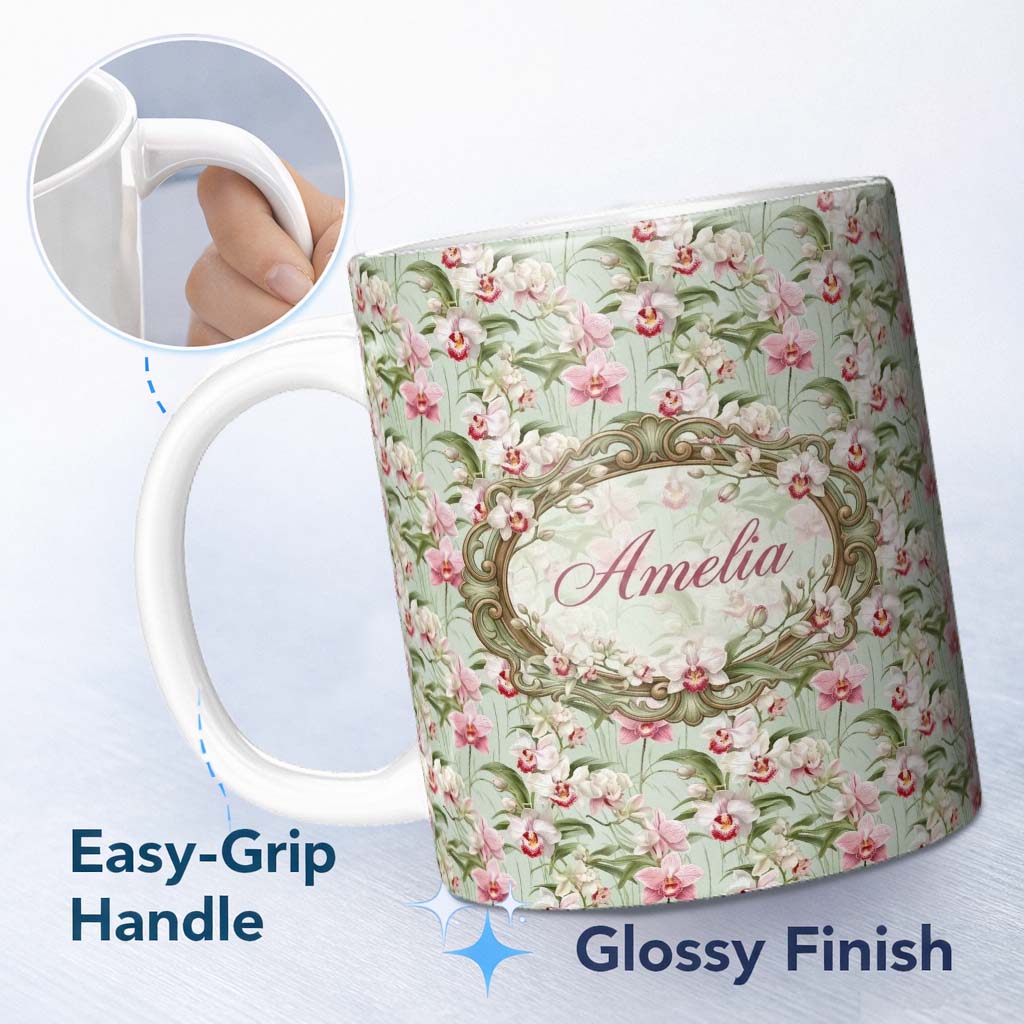 Personalized Custom Name Soft Pink and White Orchid Pattern on Light Green Background Lovely 11oz Ceramic Coffee Tea Mug White Large Handle