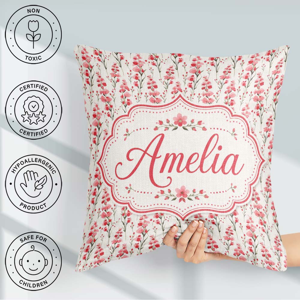 Custom Name Delicate Wildflower Botanical Pattern Elegant Floral Square Filled Cushion Throw Pillow Sofa Bed Home Decor Zip Washable UK Made