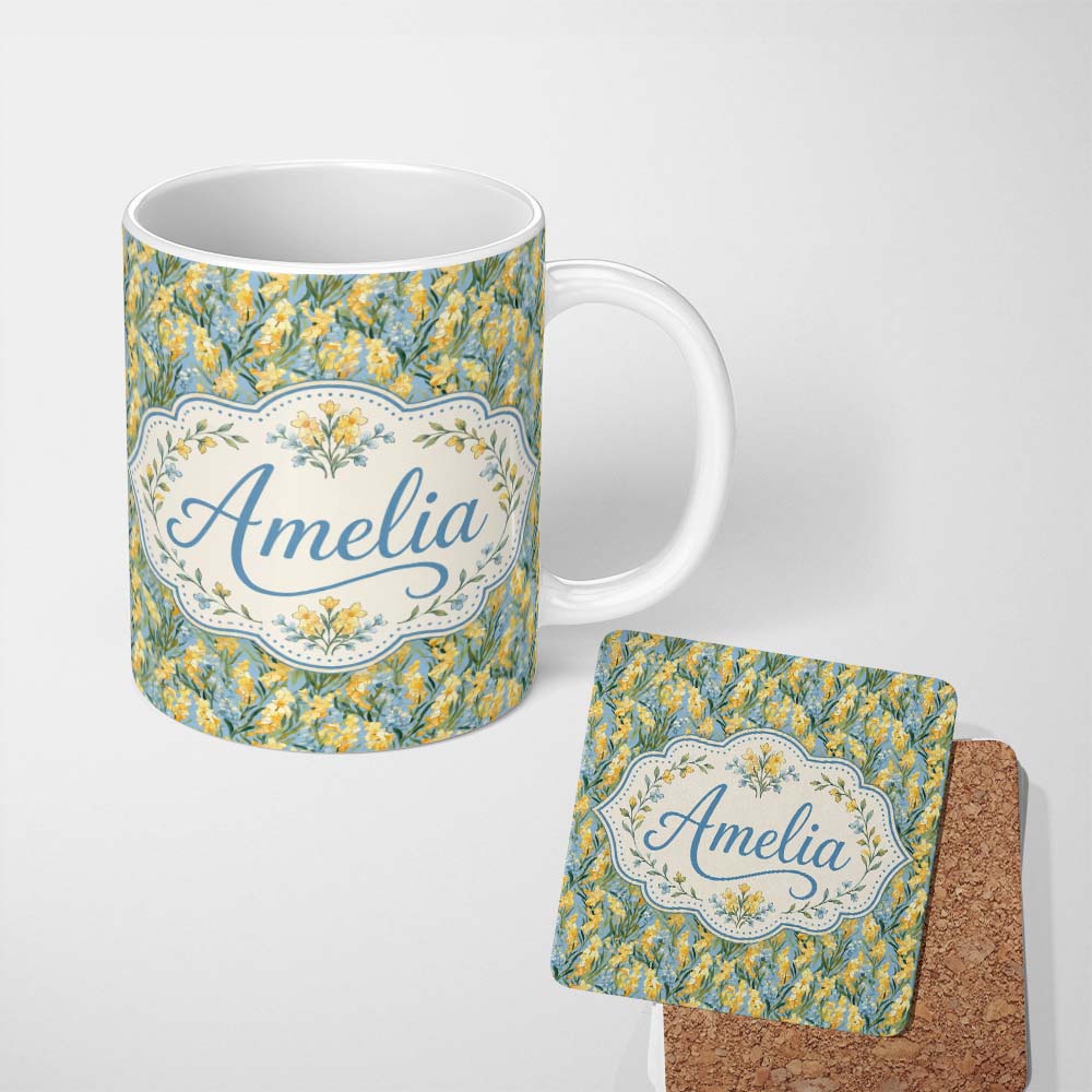 Personalized Custom Name Yellow Garden Flowers Blue Background Seamless Botanical Pattern 11oz Ceramic Coffee Tea Mug White Large Handle