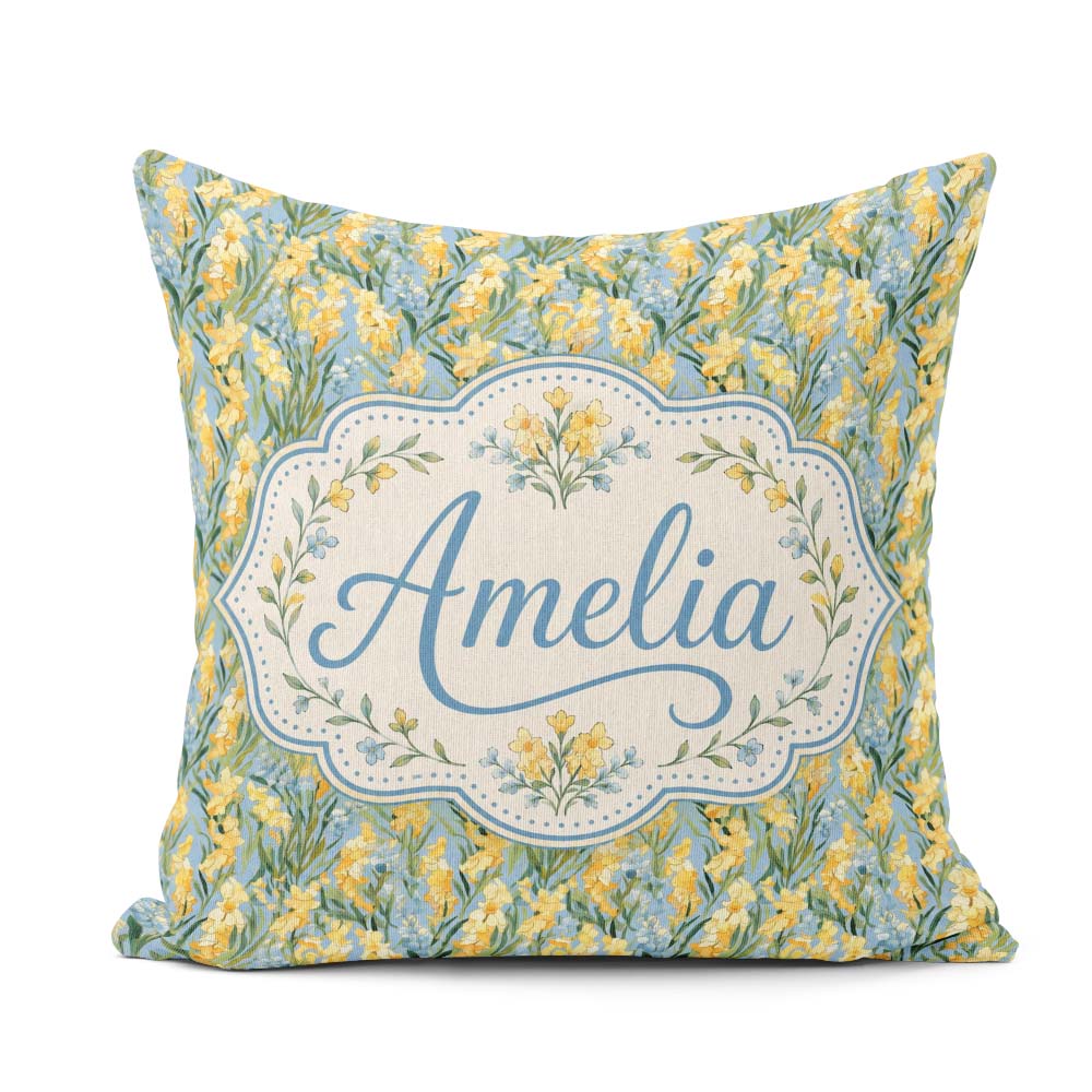 Custom Name Yellow Flowers Background Seamless Botanical Pattern Square Filled Cushion Throw Pillow Sofa Bed Home Decor Zip Washable UK Made