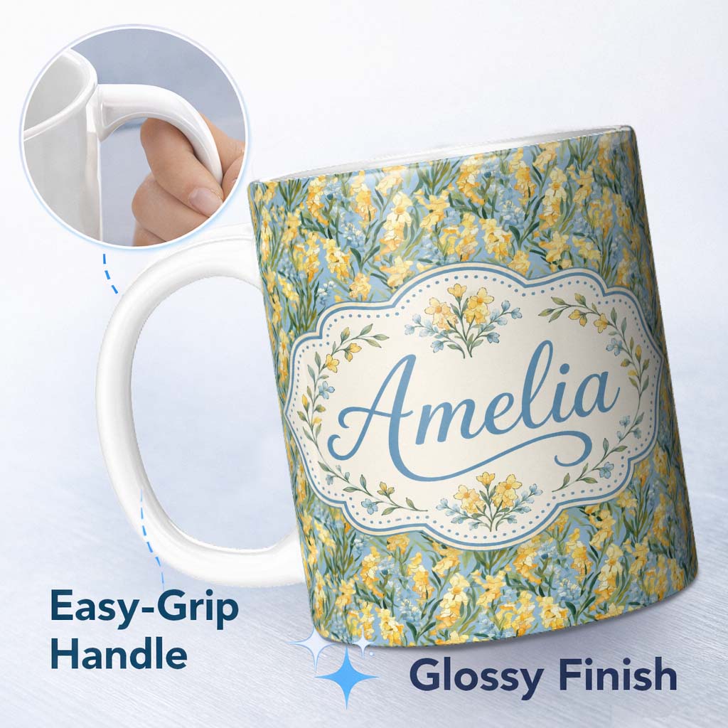 Personalized Custom Name Yellow Garden Flowers Blue Background Seamless Botanical Pattern 11oz Ceramic Coffee Tea Mug White Large Handle