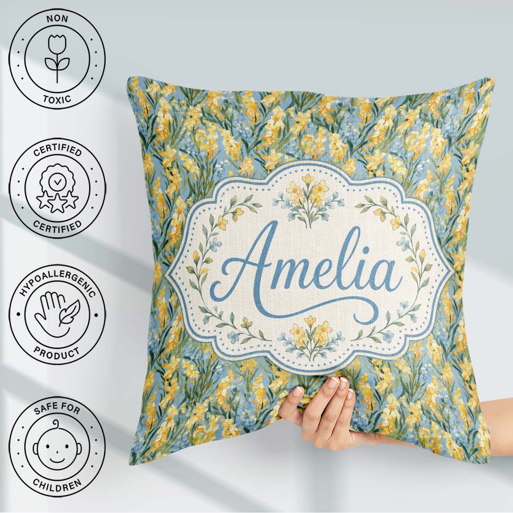 Custom Name Yellow Flowers Background Seamless Botanical Pattern Square Filled Cushion Throw Pillow Sofa Bed Home Decor Zip Washable UK Made