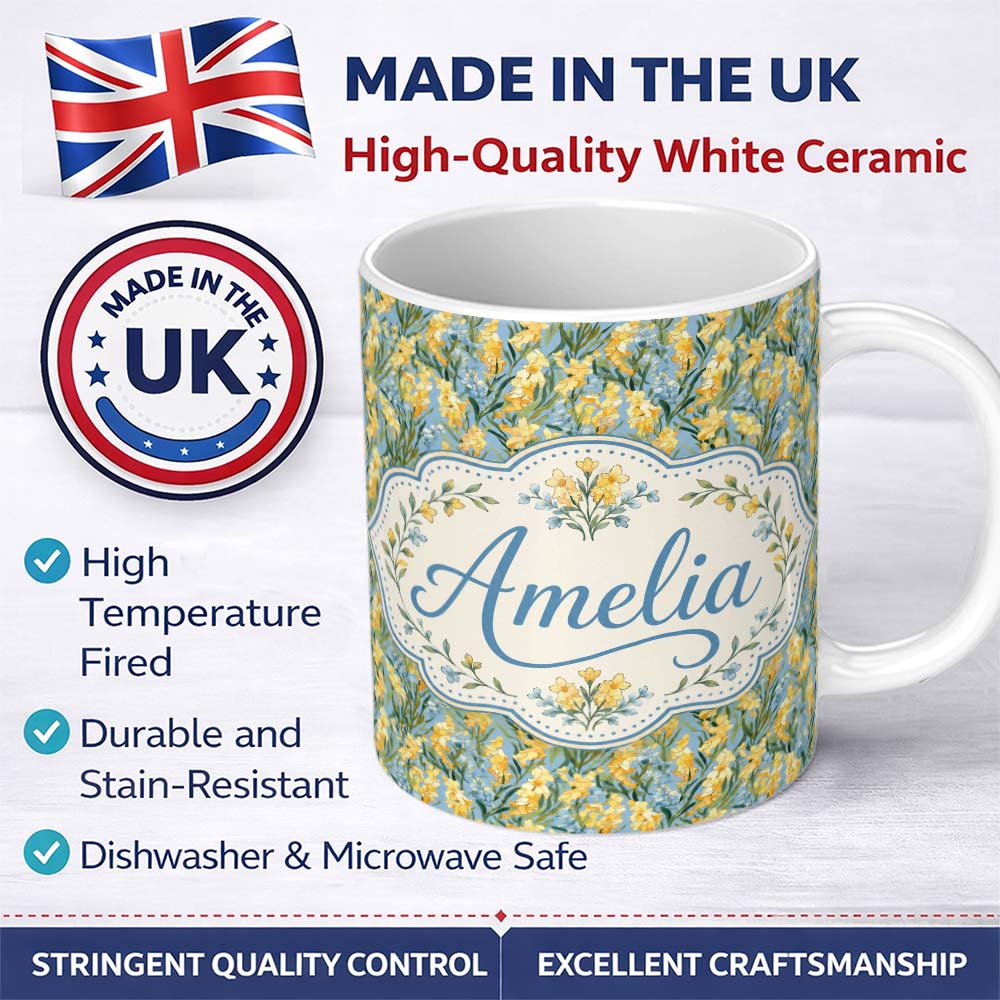 Personalized Custom Name Yellow Garden Flowers Blue Background Seamless Botanical Pattern 11oz Ceramic Coffee Tea Mug White Large Handle