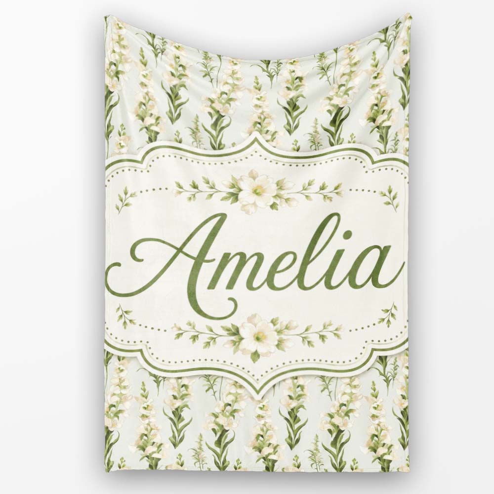 Cream White Floral Botanical Vertical Seamless Pattern Elegant Personalised Custom Name Super Soft Fleece Blanket Bed Sofa Throw
