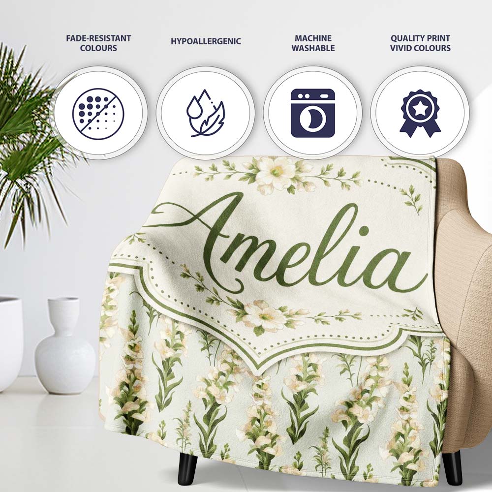 Cream White Floral Botanical Vertical Seamless Pattern Elegant Personalised Custom Name Super Soft Fleece Blanket Bed Sofa Throw