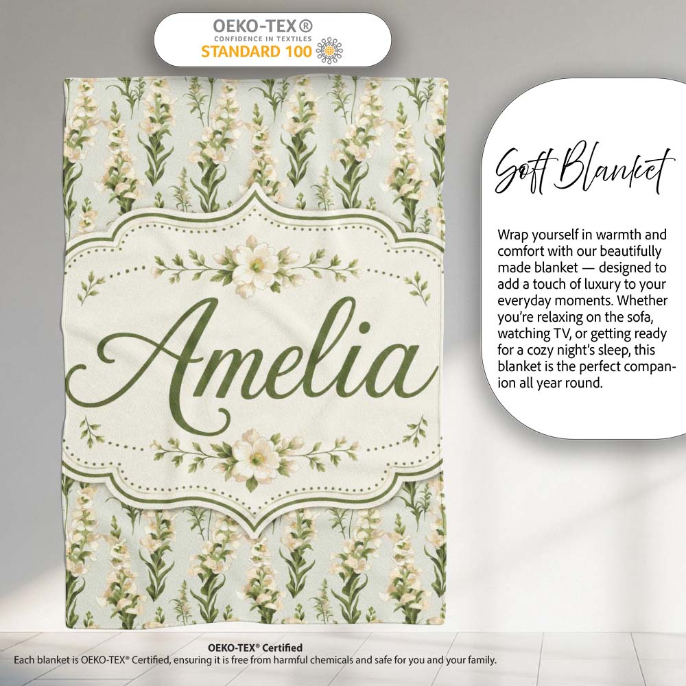 Cream White Floral Botanical Vertical Seamless Pattern Elegant Personalised Custom Name Super Soft Fleece Blanket Bed Sofa Throw