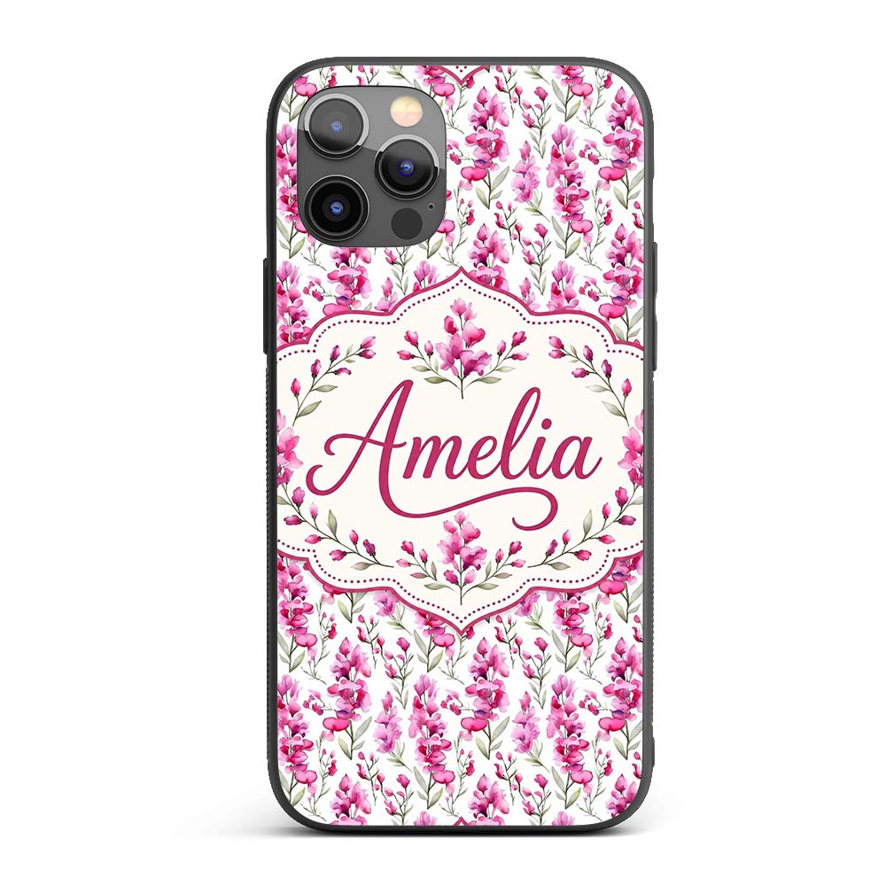 Pink Watercolor Blossom Floral Seamless Pattern Custom Name Protective Phone Case Mobile Cover Durable Everyday Smartphone Shock Resistant