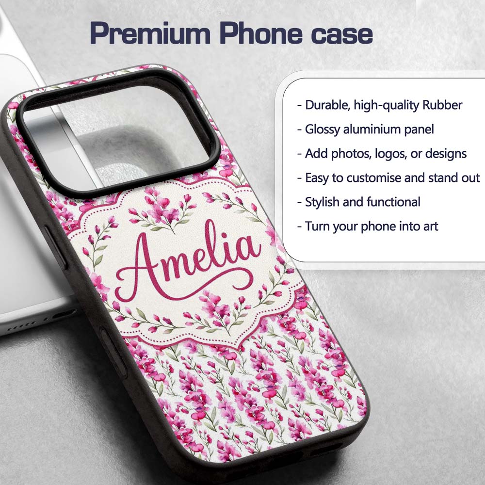 Pink Watercolor Blossom Floral Seamless Pattern Custom Name Protective Phone Case Mobile Cover Durable Everyday Smartphone Shock Resistant