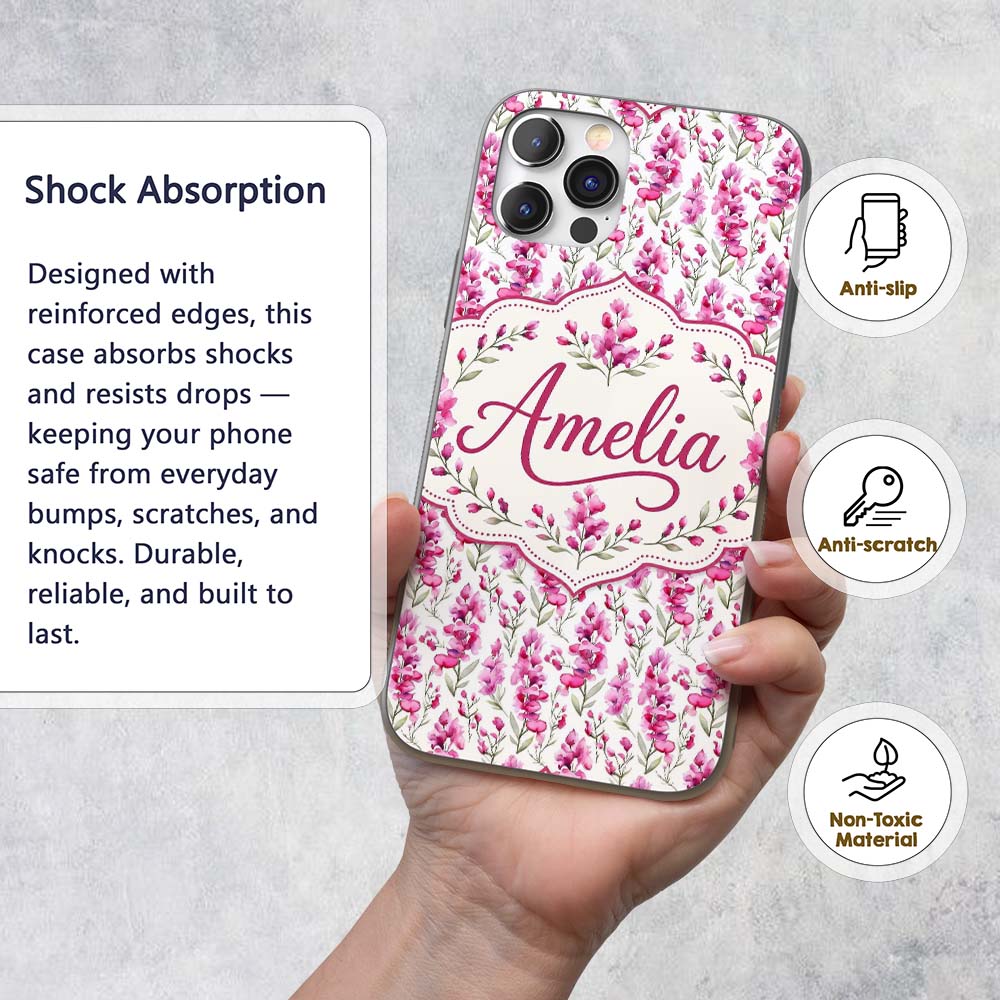 Pink Watercolor Blossom Floral Seamless Pattern Custom Name Protective Phone Case Mobile Cover Durable Everyday Smartphone Shock Resistant