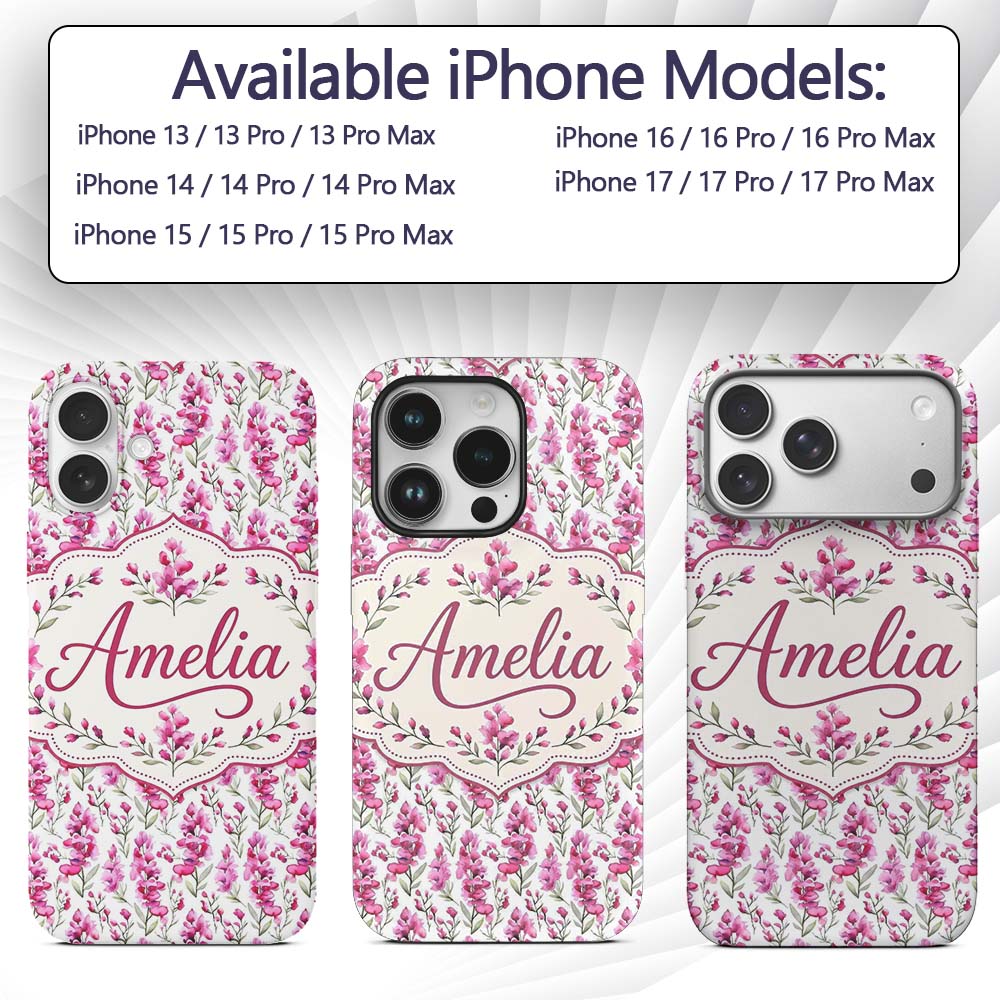 Pink Watercolor Blossom Floral Seamless Pattern Custom Name Protective Phone Case Mobile Cover Durable Everyday Smartphone Shock Resistant