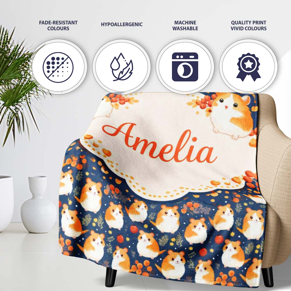 Cute Hamster Floral Apple Garden Seamless Pattern Cute Unique Gift Personalised Custom Name Super Soft Fleece Blanket Bed Sofa Throw