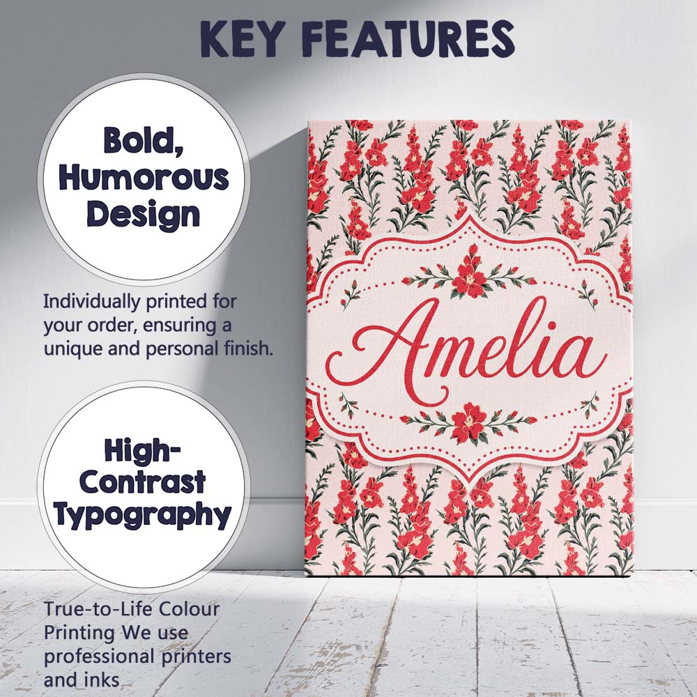 Personalised Name Red Floral Botanical Custom Modern Room Accent Elegant Feature Canvas Wall Art Print Decor Picture Ready to Hang
