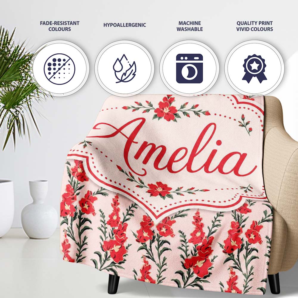 Red Floral Botanical Vintage Style Seamless Pattern Elegant Name Personalised Custom Name Super Soft Fleece Blanket Bed Sofa Throw