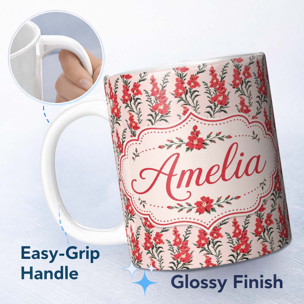 Personalized Custom Name Red Floral Botanical Vintage Style Seamless Pattern Elegant Name 11oz Ceramic Coffee Tea Mug White Large Handle