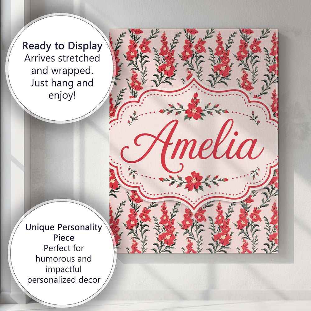 Personalised Name Red Floral Botanical Custom Modern Room Accent Elegant Feature Canvas Wall Art Print Decor Picture Ready to Hang