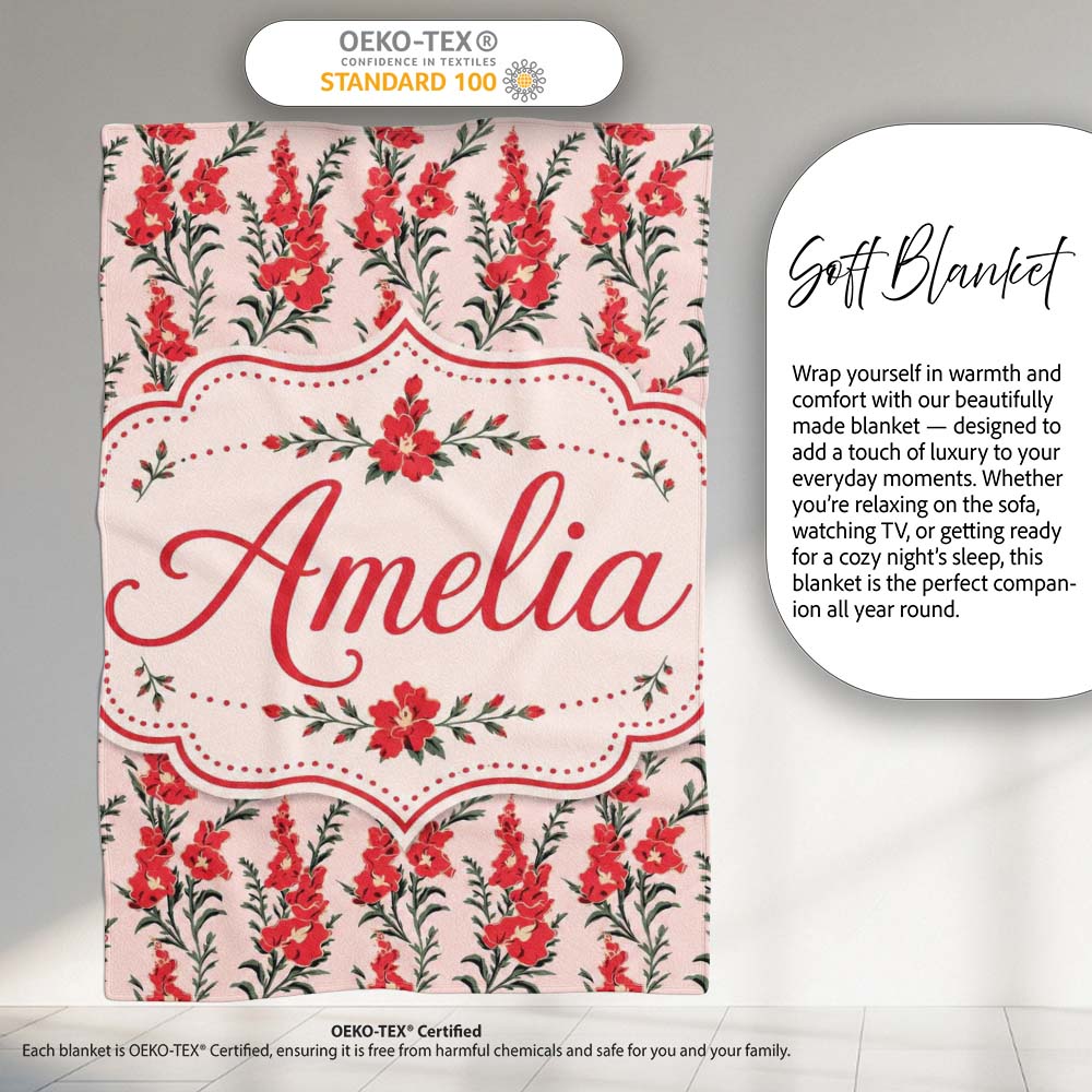 Red Floral Botanical Vintage Style Seamless Pattern Elegant Name Personalised Custom Name Super Soft Fleece Blanket Bed Sofa Throw