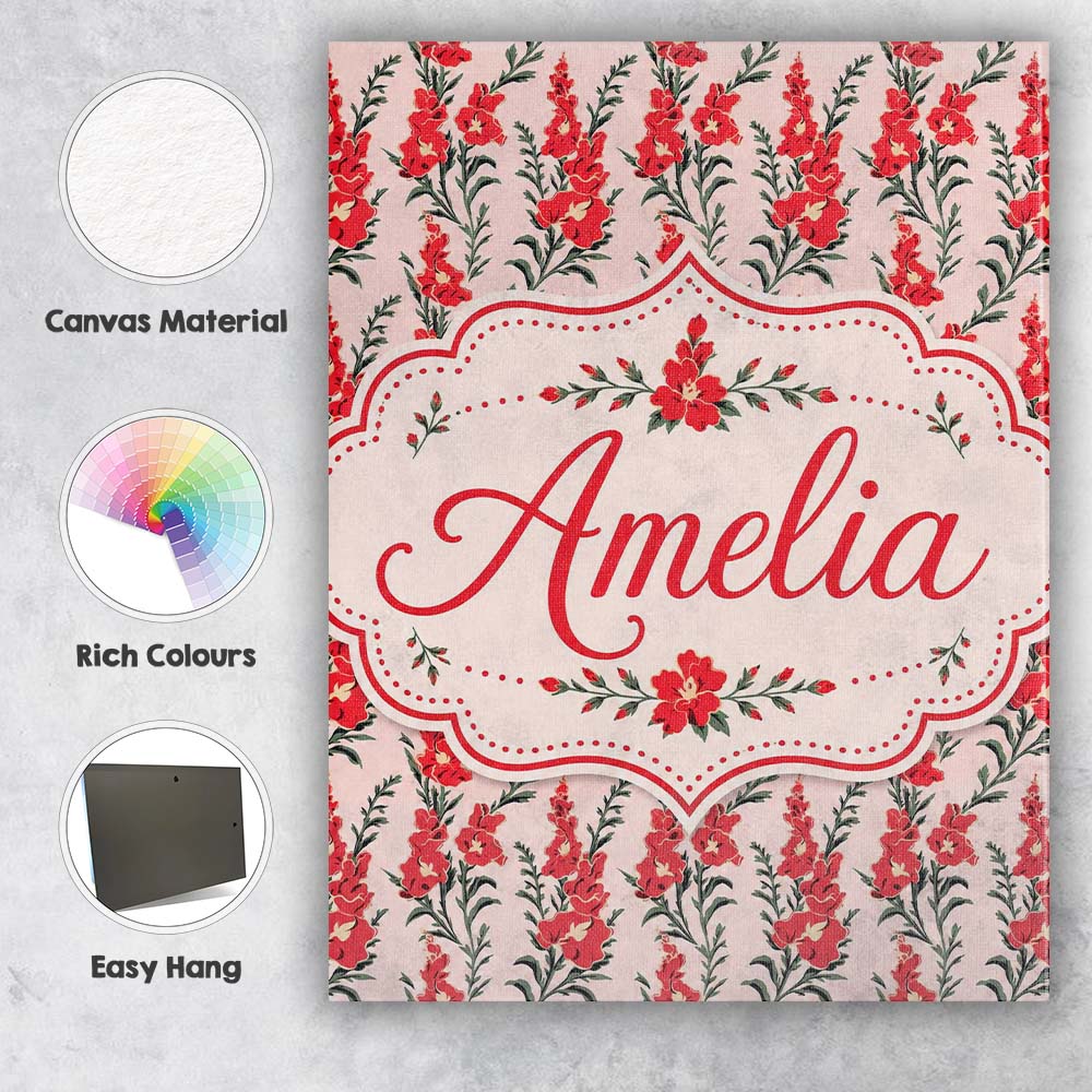 Personalised Name Red Floral Botanical Custom Modern Room Accent Elegant Feature Canvas Wall Art Print Decor Picture Ready to Hang
