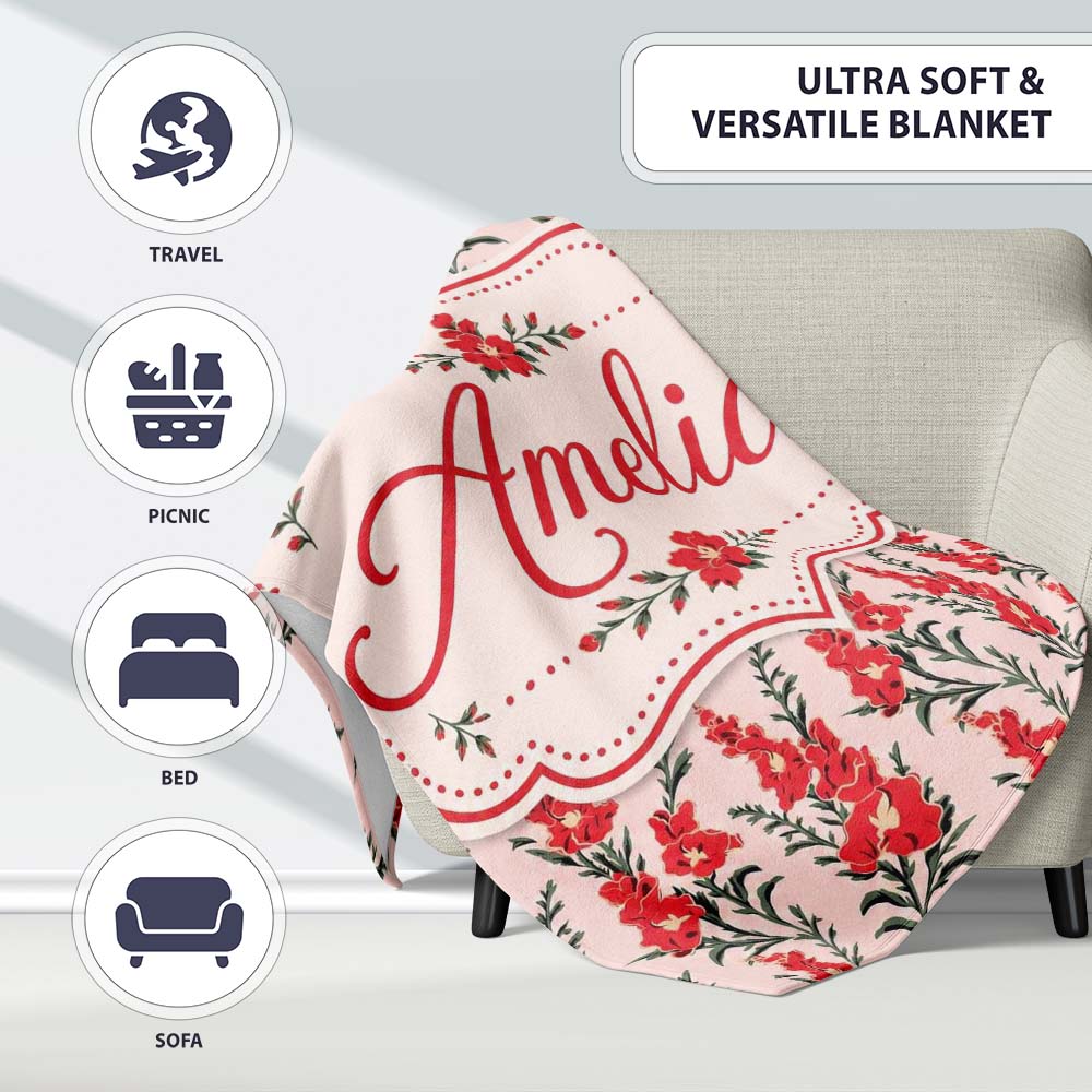 Red Floral Botanical Vintage Style Seamless Pattern Elegant Name Personalised Custom Name Super Soft Fleece Blanket Bed Sofa Throw
