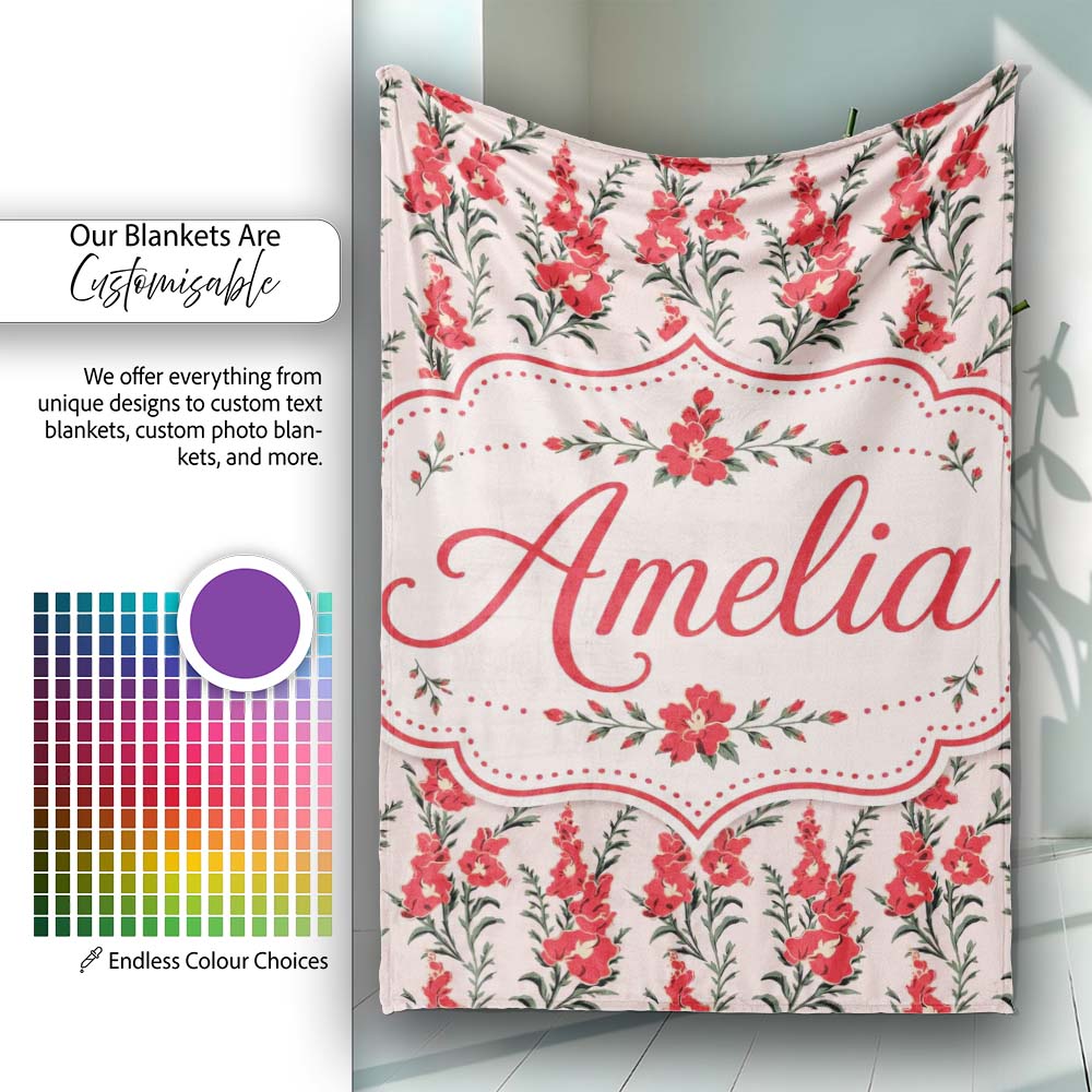 Red Floral Botanical Vintage Style Seamless Pattern Elegant Name Personalised Custom Name Super Soft Fleece Blanket Bed Sofa Throw
