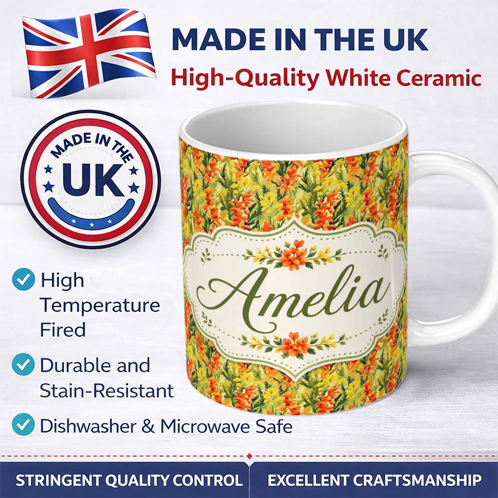 Personalized Custom Name Orange Wildflower Meadow Seamless Pattern Botanical Nature Design 11oz Ceramic Coffee Tea Mug White Large Handle