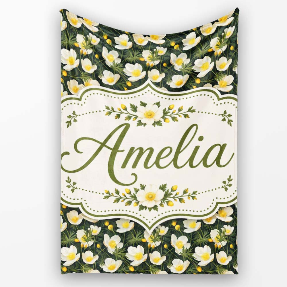 White Buttercup Flowers Dark Green Botanical Seamless Pattern Personalised Custom Name Super Soft Fleece Blanket Bed Sofa Throw