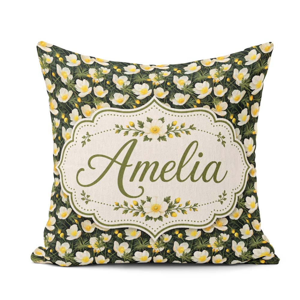 Custom Name White Buttercup Flowers Dark Green Botanical Pattern Square Filled Cushion Throw Pillow Sofa Bed Home Decor Zip Washable UK Made