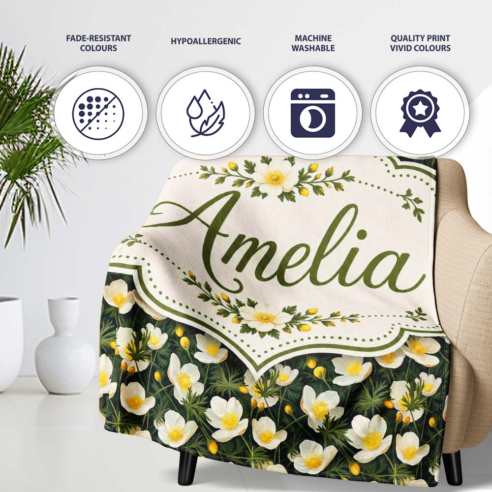 White Buttercup Flowers Dark Green Botanical Seamless Pattern Personalised Custom Name Super Soft Fleece Blanket Bed Sofa Throw