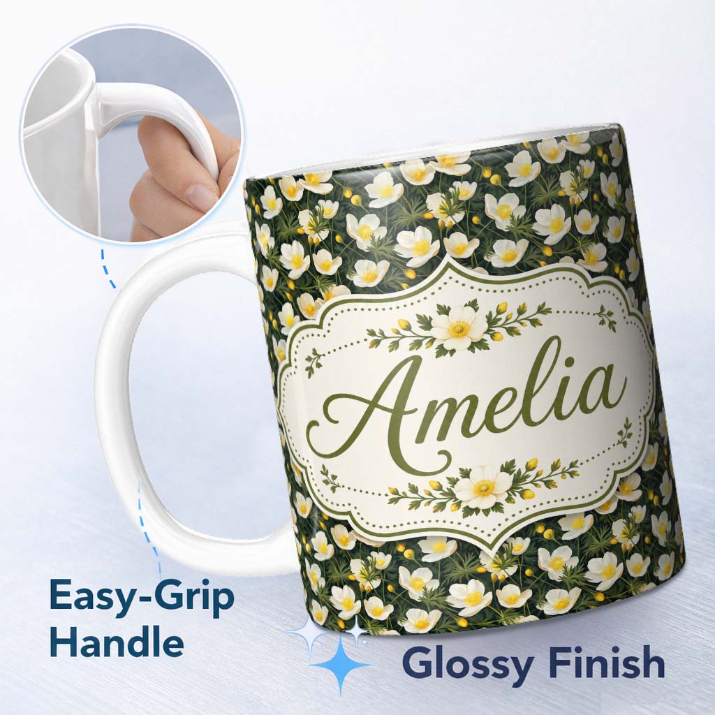 Personalized Custom Name White Buttercup Flowers Dark Green Botanical Seamless Pattern 11oz Ceramic Coffee Tea Mug White Large Handle