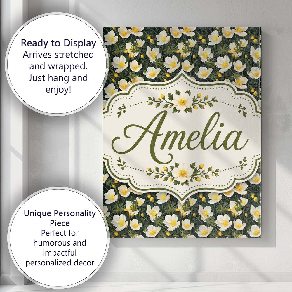 Personalised Name White Buttercup Flowers Custom Unique Gift Idea Elegant Feature Canvas Wall Art Print Decor Picture Ready to Hang