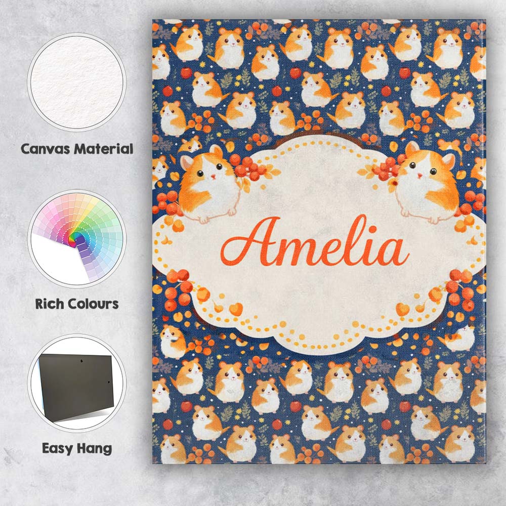 Personalised Name Cute Hamster Floral Apple Garden Seamless Pattern Custom Canvas Wall Art Print Decor Picture Ready to Hang
