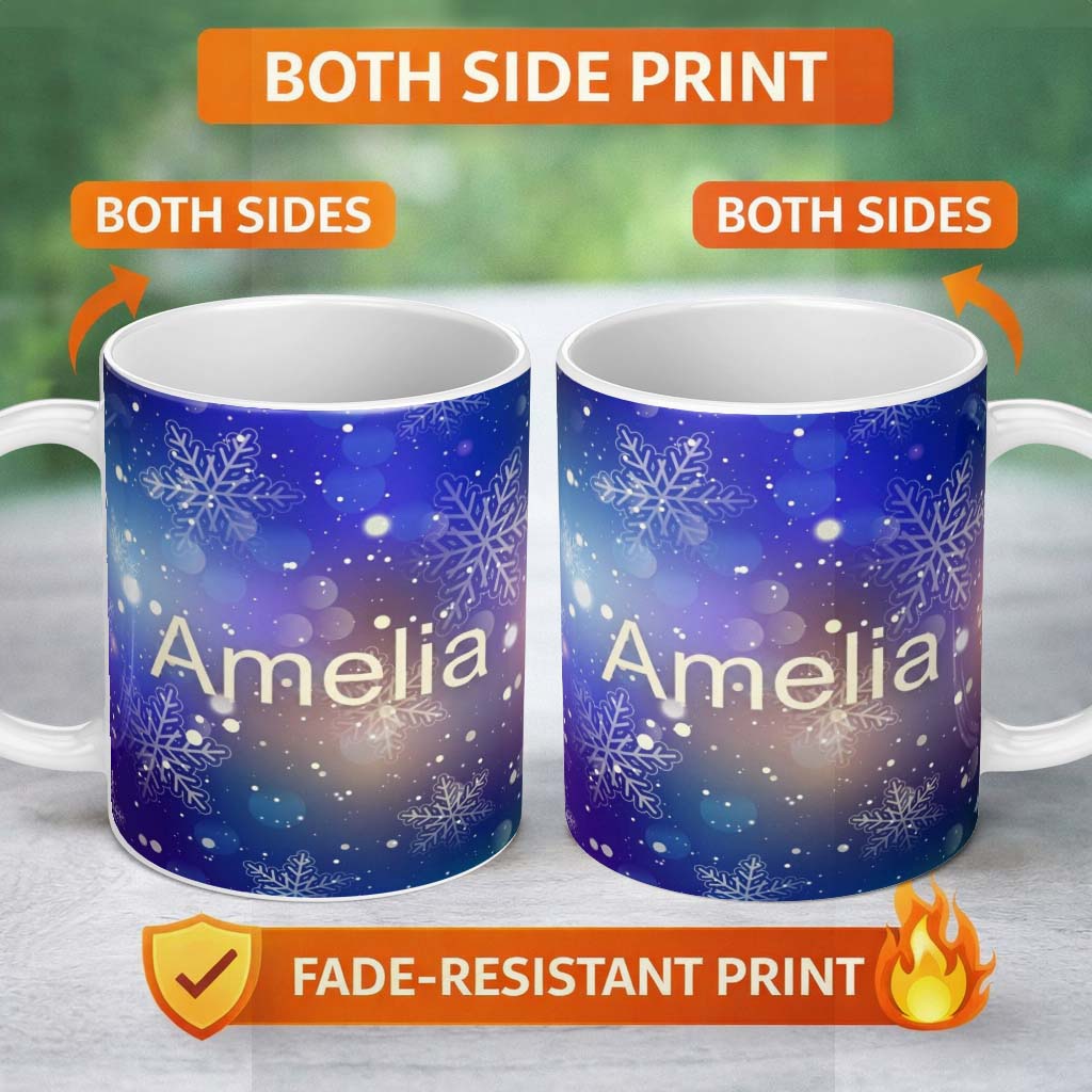 Personalized Custom Name Blue Snowflake Bokeh Winter Seamless Pattern Design Soft Glow Lovely 11oz Ceramic Coffee Tea Mug White Large Handle