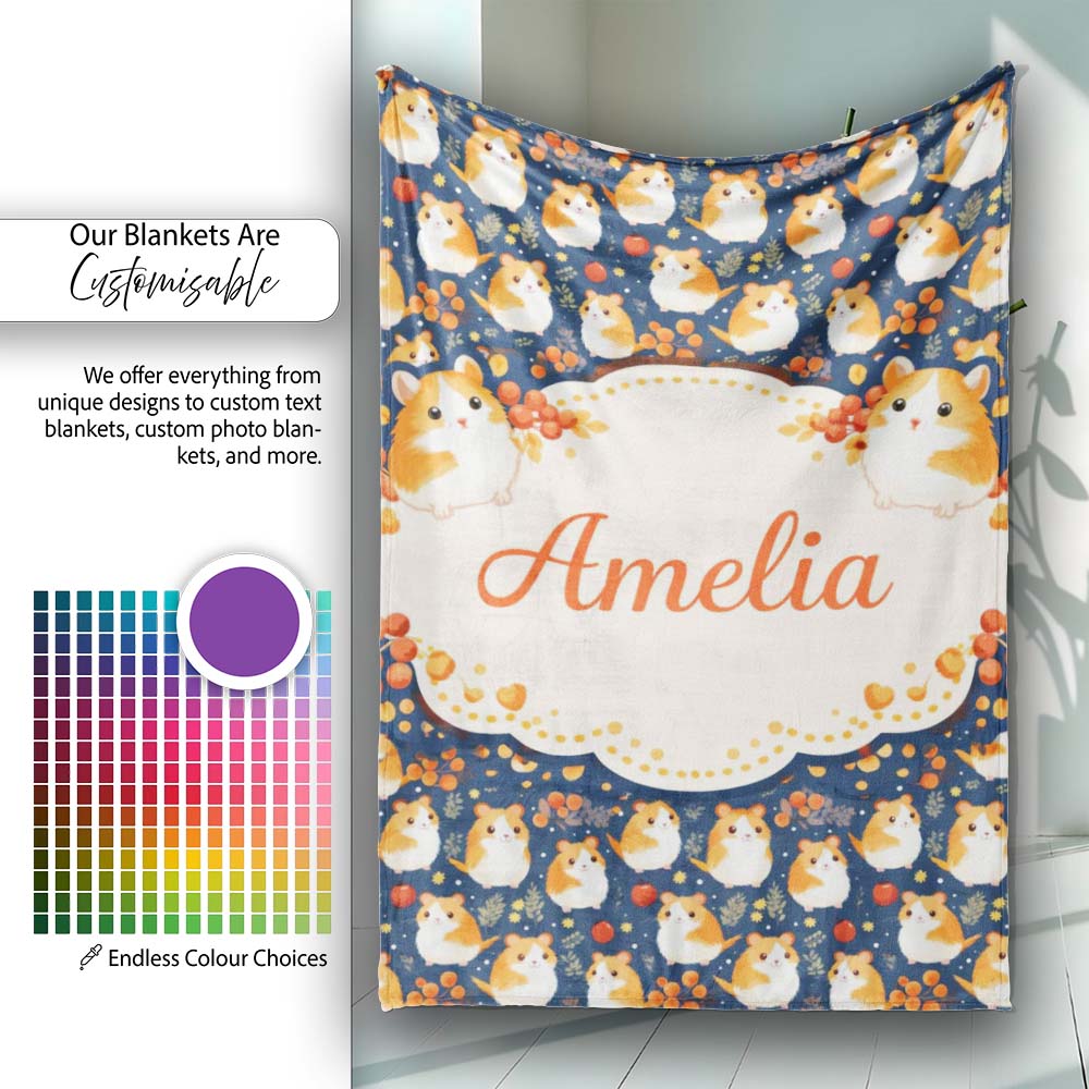 Cute Hamster Floral Apple Garden Seamless Pattern Cute Unique Gift Personalised Custom Name Super Soft Fleece Blanket Bed Sofa Throw