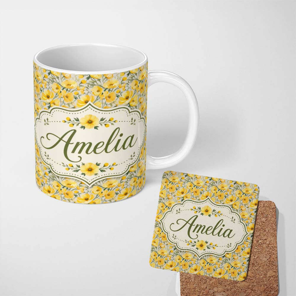 Personalized Custom Name Yellow Poppy Blossom Floral Seamless Pattern Soft Garden Design 11oz Ceramic Coffee Tea Mug White Large Handle