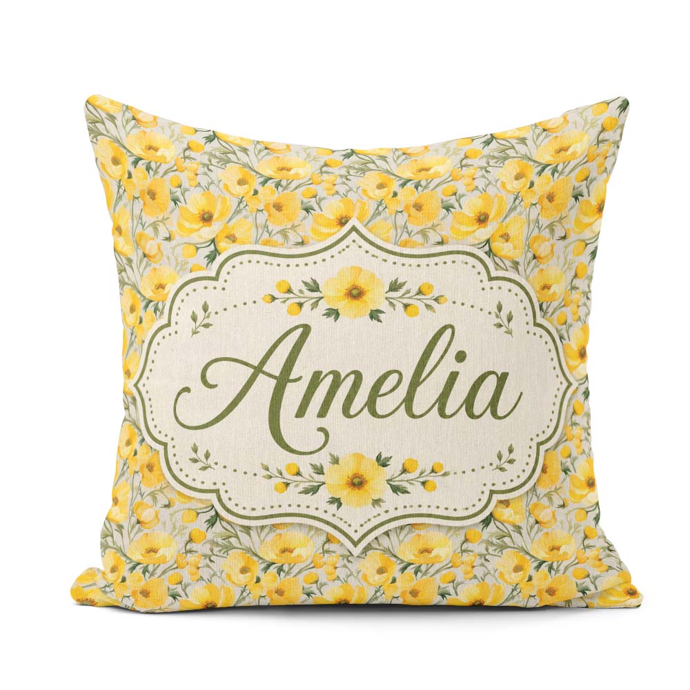 Custom Name Yellow Blossom Floral Seamless Pattern Garden Design Square Filled Cushion Throw Pillow Sofa Bed Home Decor Zip Washable UK Made