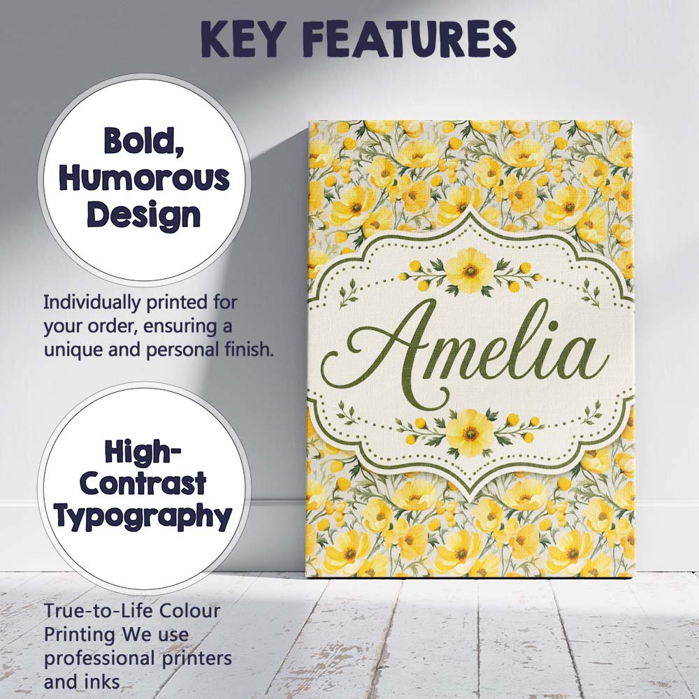 Personalised Name Yellow Poppy Blossom Custom Modern Room Accent Elegant Feature Canvas Wall Art Print Decor Picture Ready to Hang