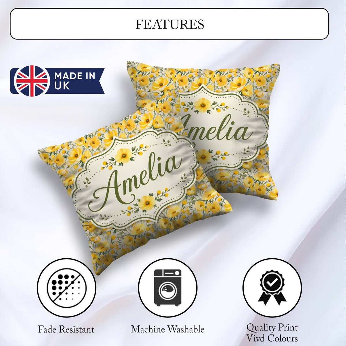 Custom Name Yellow Blossom Floral Seamless Pattern Garden Design Square Filled Cushion Throw Pillow Sofa Bed Home Decor Zip Washable UK Made
