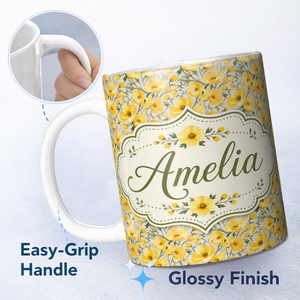 Personalized Custom Name Yellow Poppy Blossom Floral Seamless Pattern Soft Garden Design 11oz Ceramic Coffee Tea Mug White Large Handle