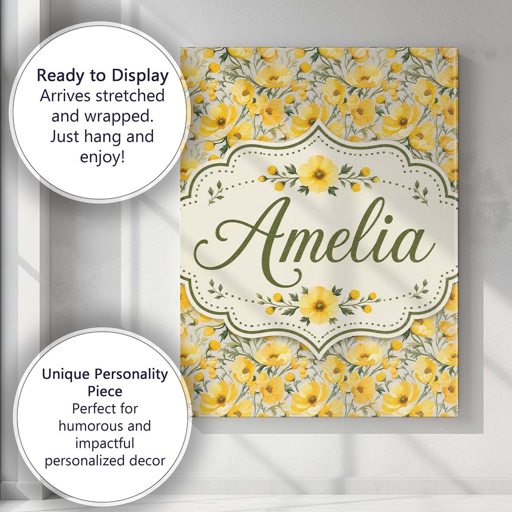 Personalised Name Yellow Poppy Blossom Custom Modern Room Accent Elegant Feature Canvas Wall Art Print Decor Picture Ready to Hang
