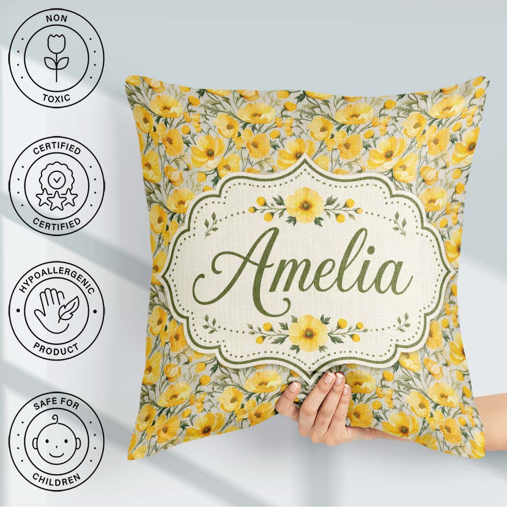 Custom Name Yellow Blossom Floral Seamless Pattern Garden Design Square Filled Cushion Throw Pillow Sofa Bed Home Decor Zip Washable UK Made
