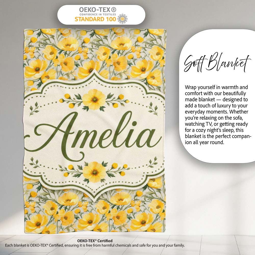 Yellow Poppy Blossom Floral Seamless Pattern Soft Garden Design Personalised Custom Name Super Soft Fleece Blanket Bed Sofa Throw