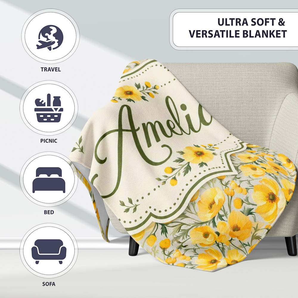 Yellow Poppy Blossom Floral Seamless Pattern Soft Garden Design Personalised Custom Name Super Soft Fleece Blanket Bed Sofa Throw