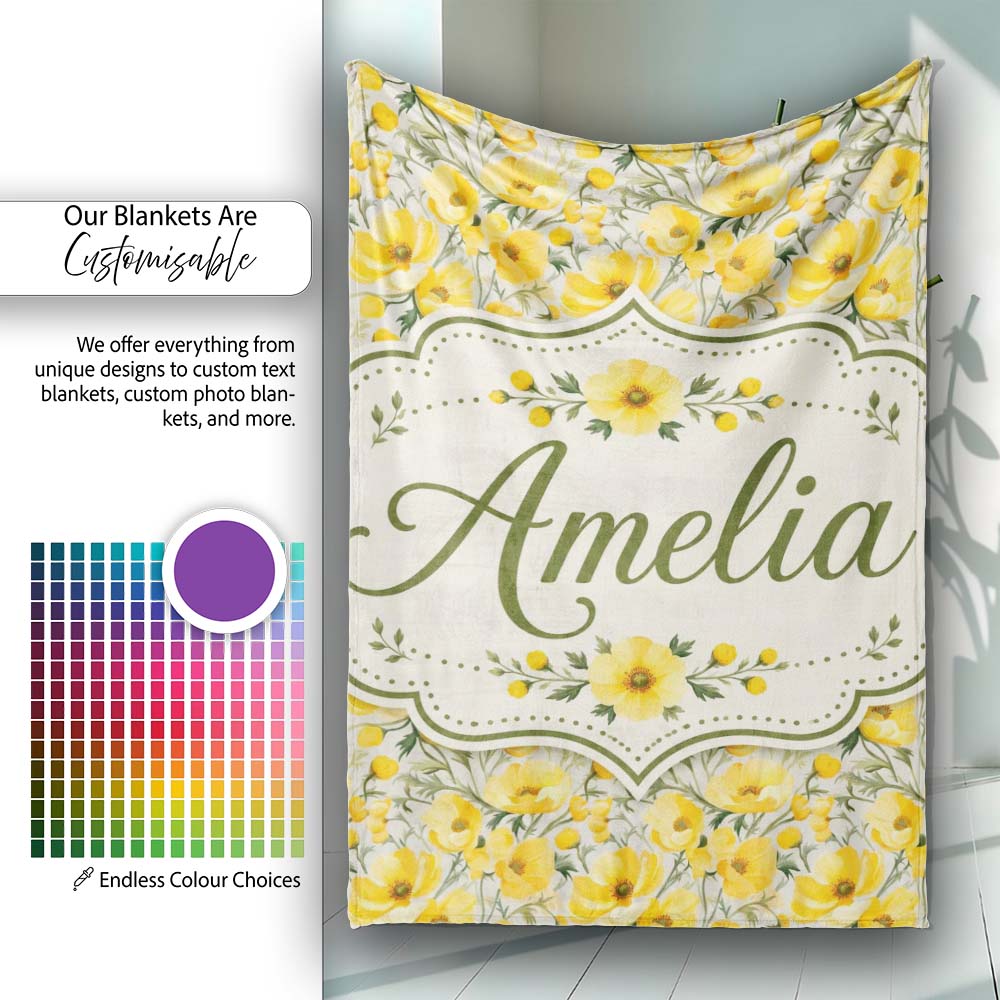 Yellow Poppy Blossom Floral Seamless Pattern Soft Garden Design Personalised Custom Name Super Soft Fleece Blanket Bed Sofa Throw