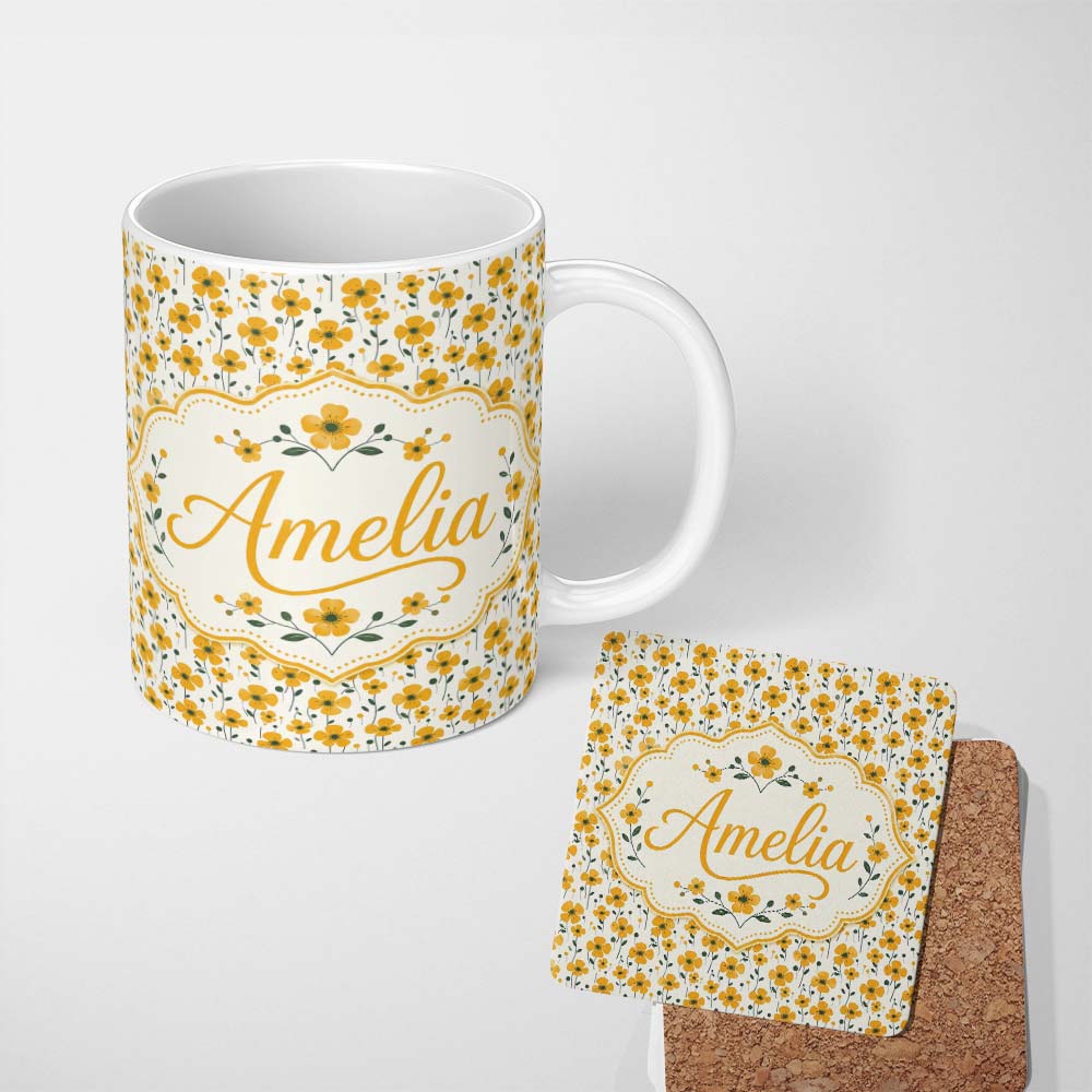 Personalized Custom Name Minimal Yellow Daisy Floral Seamless Pattern Simple Modern Style 11oz Ceramic Coffee Tea Mug White Large Handle