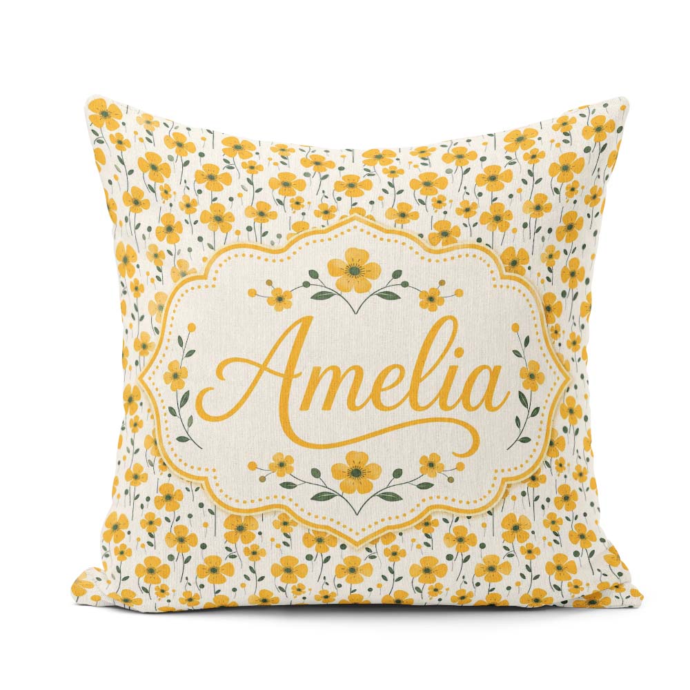 Custom Name Minimal Yellow Floral Seamless Pattern Simple Modern Square Filled Cushion Throw Pillow Sofa Bed Home Decor Zip Washable UK Made