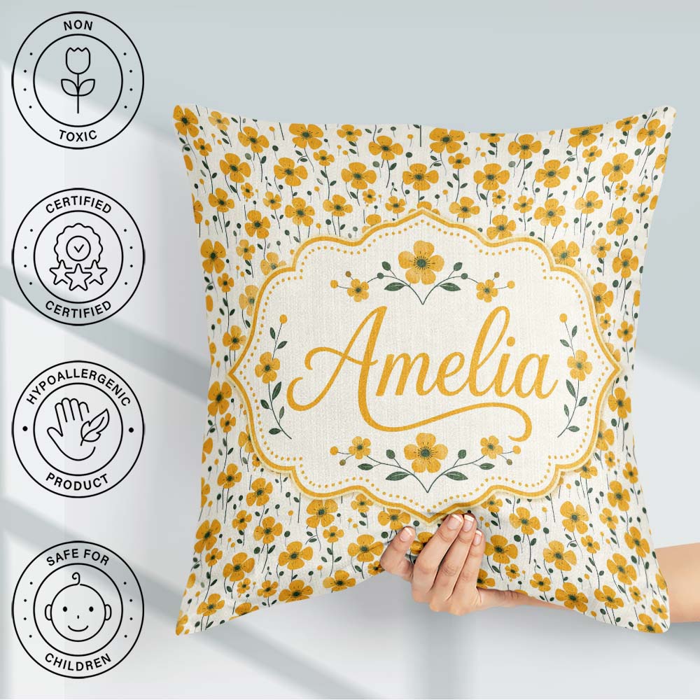 Custom Name Minimal Yellow Floral Seamless Pattern Simple Modern Square Filled Cushion Throw Pillow Sofa Bed Home Decor Zip Washable UK Made