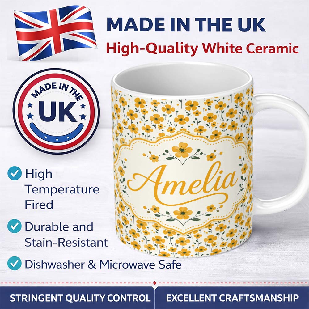 Personalized Custom Name Minimal Yellow Daisy Floral Seamless Pattern Simple Modern Style 11oz Ceramic Coffee Tea Mug White Large Handle