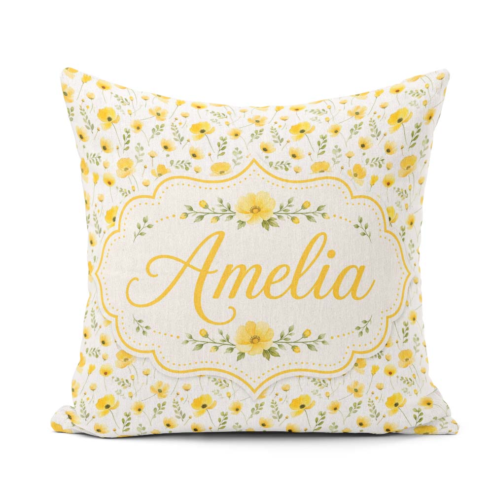 Custom Name Soft Yellow Wildflower Seamless Pattern Light Spring Square Filled Cushion Throw Pillow Sofa Bed Home Decor Zip Washable UK Made