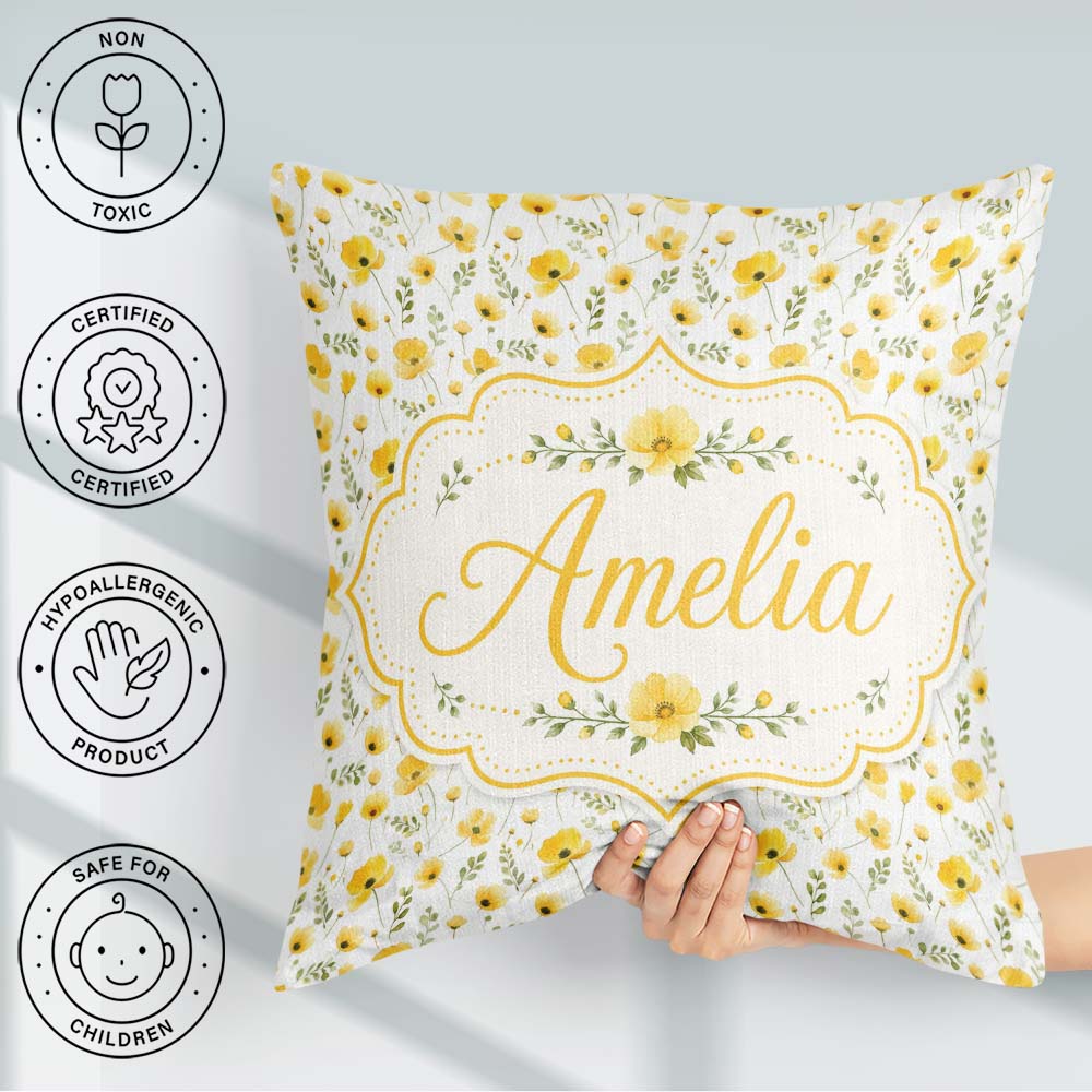 Custom Name Soft Yellow Wildflower Seamless Pattern Light Spring Square Filled Cushion Throw Pillow Sofa Bed Home Decor Zip Washable UK Made