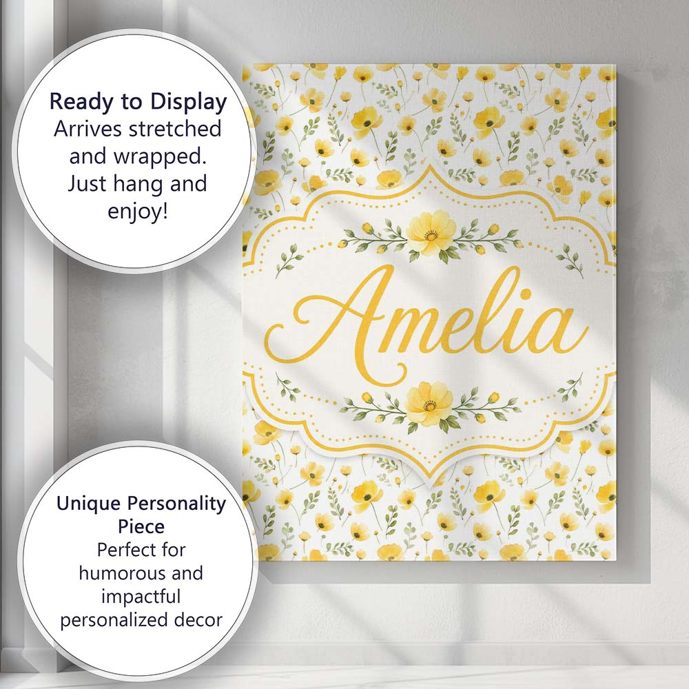 Personalised Name Soft Yellow Wildflower Custom Unique Gift Idea Elegant Feature Canvas Wall Art Print Decor Picture Ready to Hang